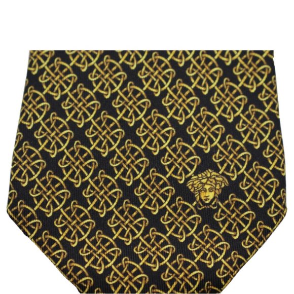 Versace Tie - Black/Gold Greek Key Medusa 100% Silk Made In Italy NWT